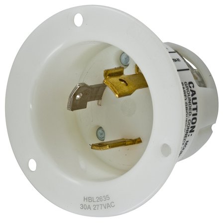 HUBBELL WIRING DEVICE-KELLEMS Locking Devices, Twist-Lock®, Industrial, Flanged Inlet, 30A 277V AC, 2-Pole 3-Wire Grounding, L7-30P, Screw Terminal, White HBL2635